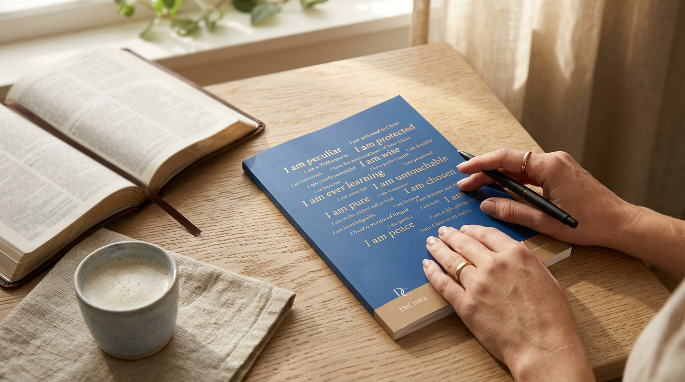 Hands writing personal affirmations in a blue DeCreea declarations journal beside an open Bible and a warm cup of coffee.