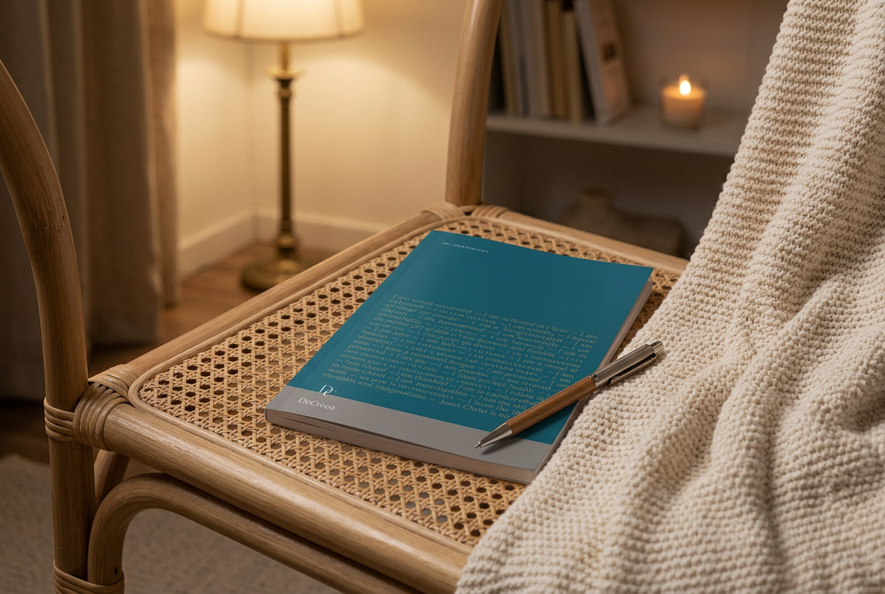 eal DeCreea declarations journal and wooden pen resting on a woven cane chair in a cozy, candlelit reading nook.