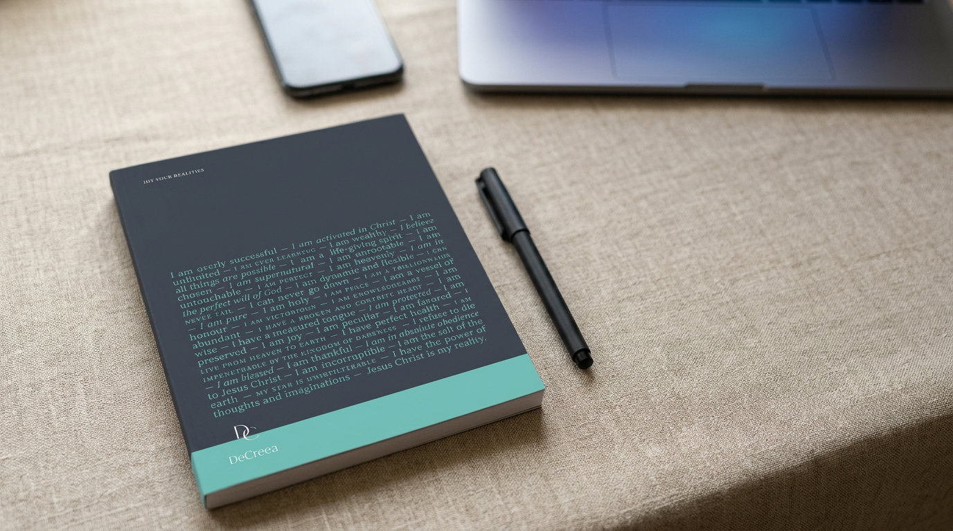 Navy DeCreea declarations journal and pen placed beside a laptop and smartphone on a linen-covered work desk.